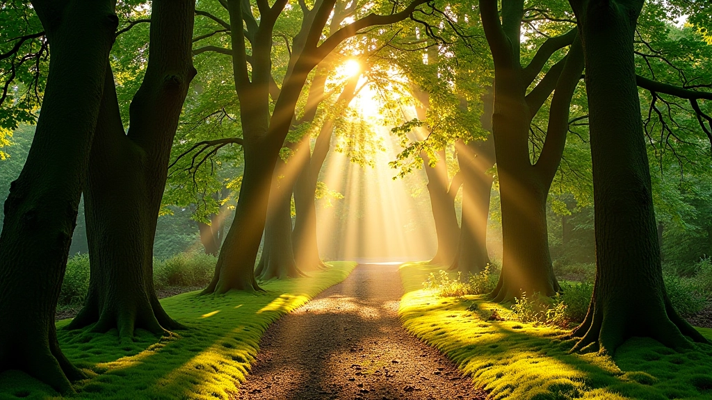 Sunlit clearing in ancient woodland with native Irish oak and beech trees