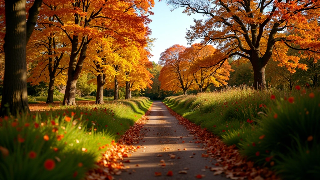 Autumn foliage with golden and orange tree leaves creating a warm backdrop over garden pathways and structures