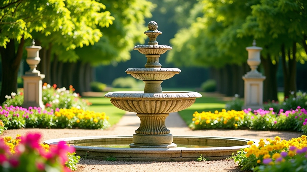 Ornate stone fountain and planted borders in Mount Stewart's Italian Garden