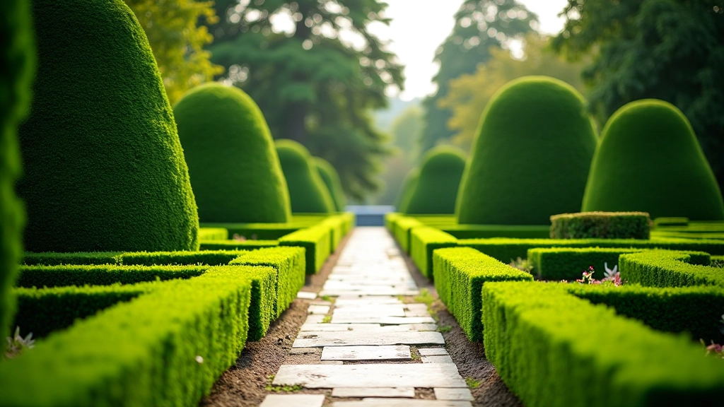 Geometric yew hedge patterns in formal Italian garden with stone pathways