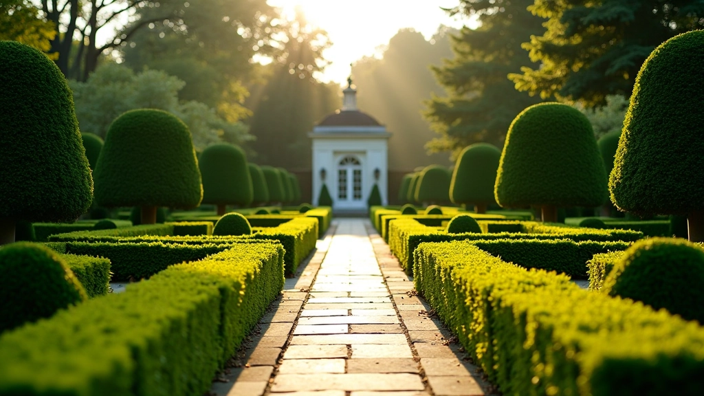 Formal Victorian garden with geometric hedge patterns and stone pathways