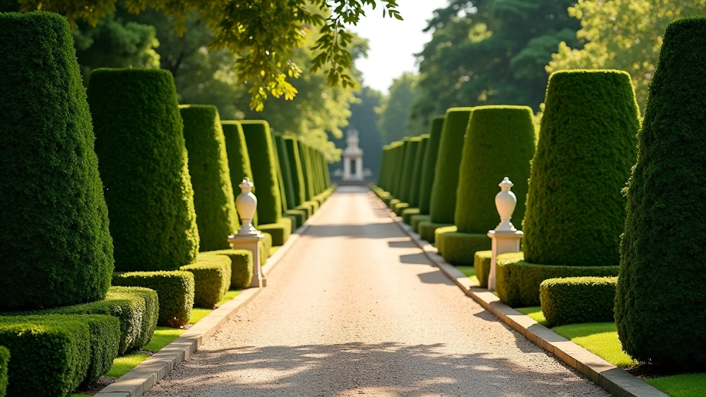 Formal Victorian garden pathway with symmetrical hedge borders and stone balustrade, afternoon light creating long shadows