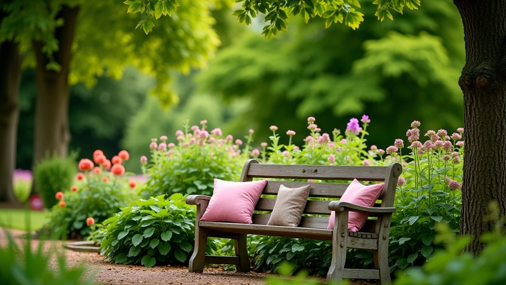 Comfortable garden seating area with benches overlooking landscaped grounds