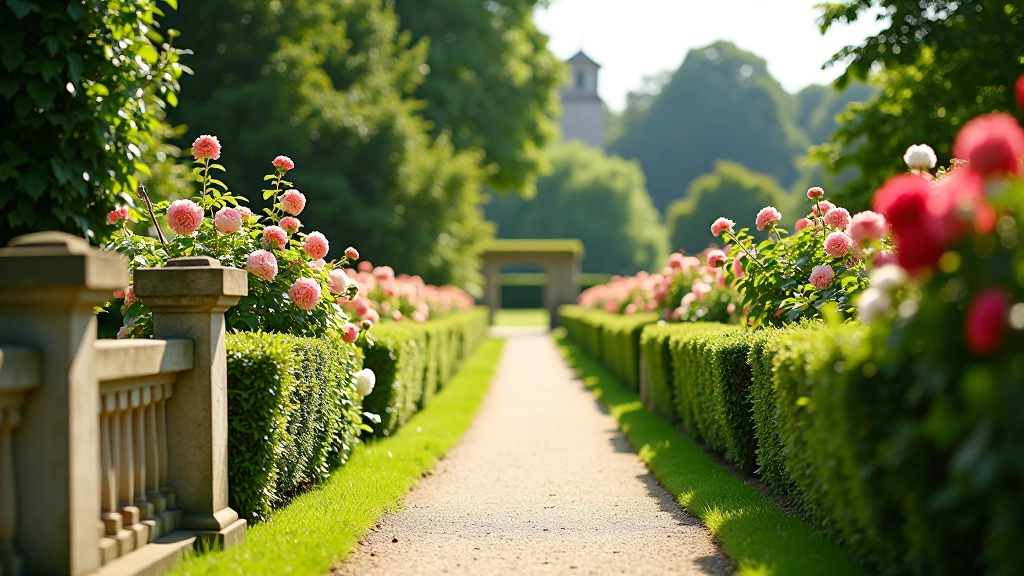 Garden pathway lined with stone balustrade and climbing roses, leading toward ornamental structure framed by green hedges