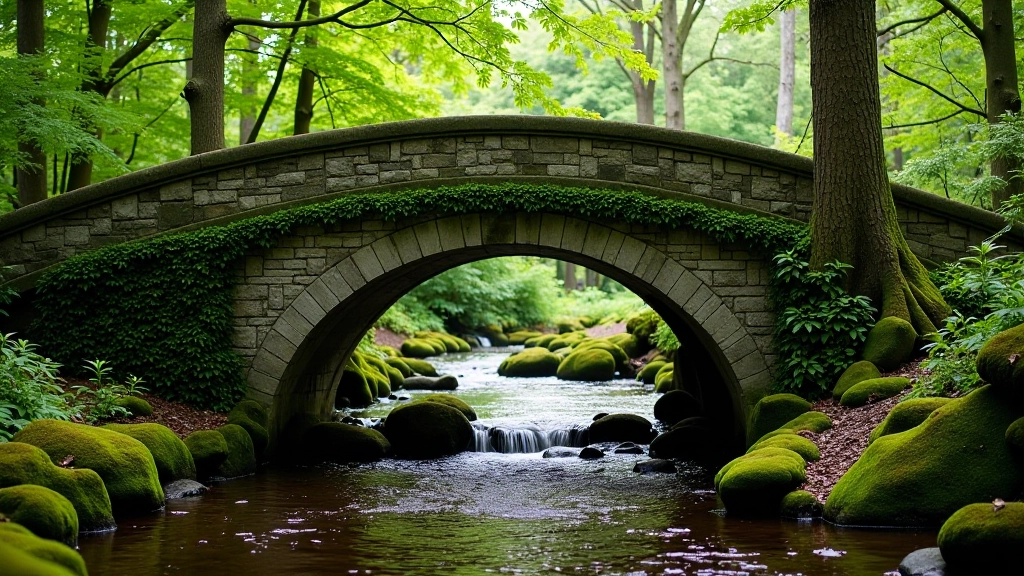 Ornate stone bridge crossing a woodland stream with ivy-covered stonework