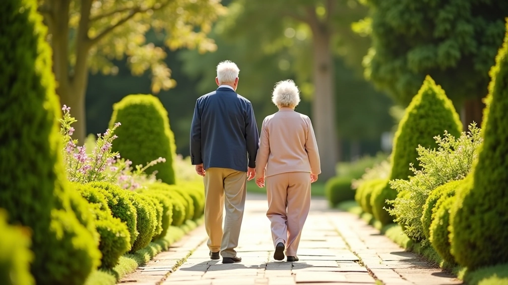 Group of mature adults walking through formal gardens on a sunny day