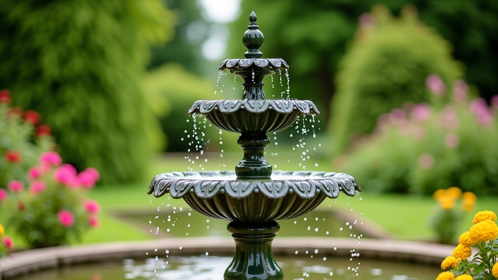 Historic fountain surrounded by flowering plants in Victorian garden setting