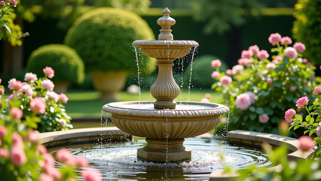 Ornate water fountain surrounded by flowering borders in a Victorian garden