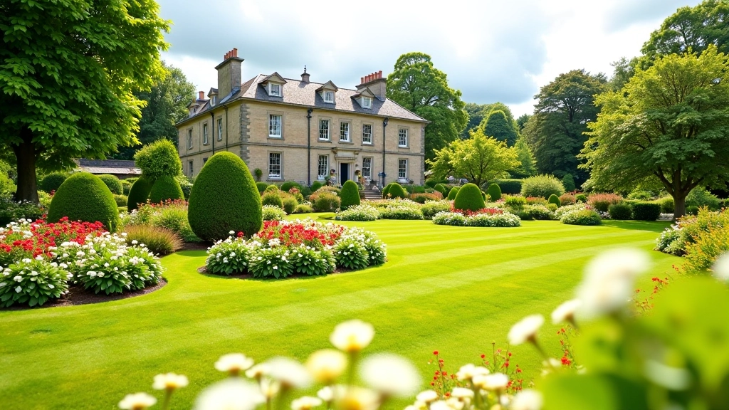 Mount Stewart House formal gardens showing Victorian ornamental design and colorful flower arrangements