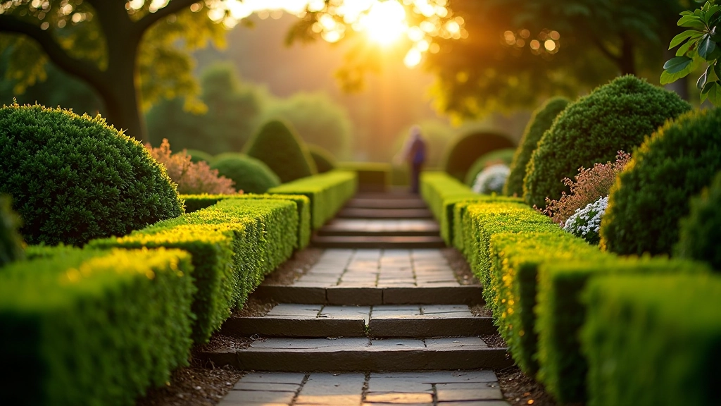 Scenic garden pathway at sunset with manicured hedges and stone steps