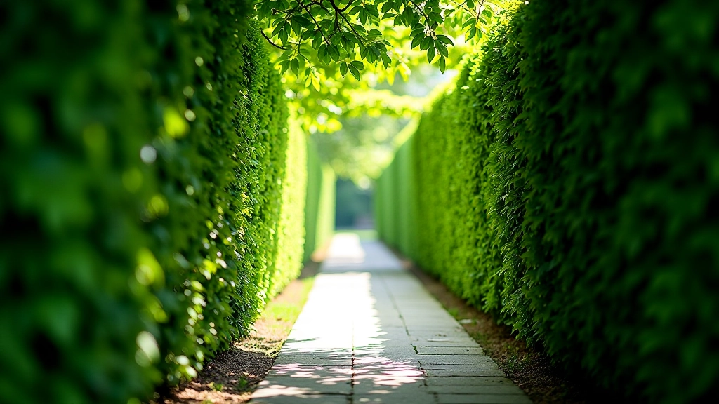 Stone pathway with mature hedges creating shaded garden corridor