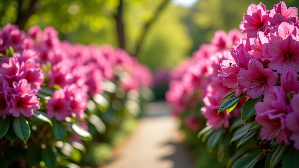 Vibrant rhododendron blooms in shades of pink, purple, and red lining a garden pathway at Mount Stewart