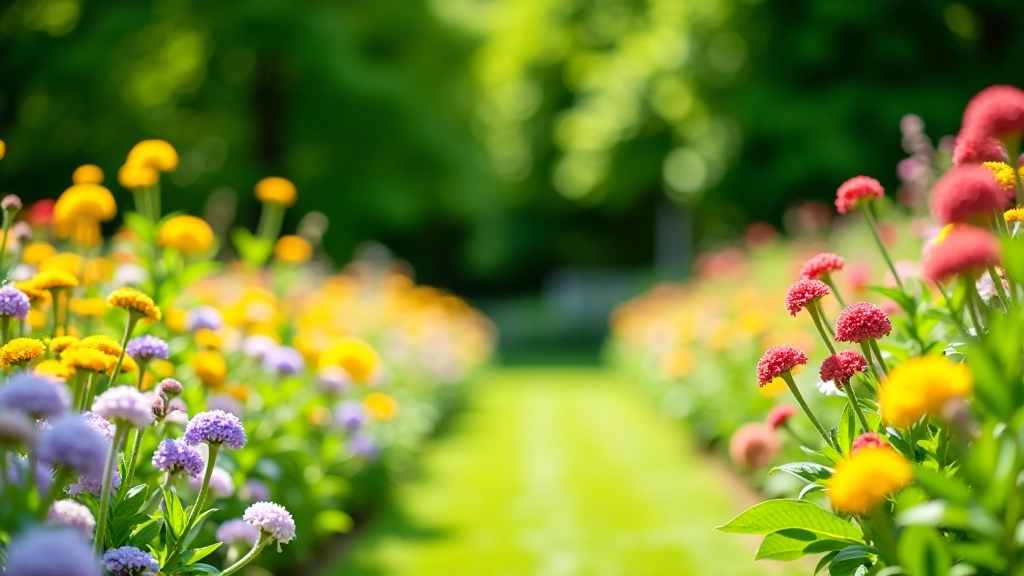Lush summer garden borders bursting with colorful perennials and shrubs under bright afternoon sunlight