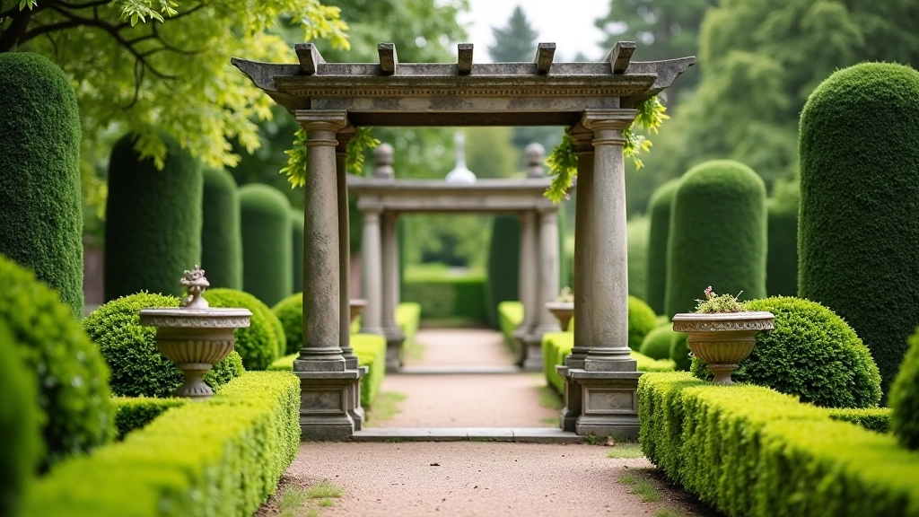 Close-up of Victorian garden architecture showing ornamental stonework and period plantings
