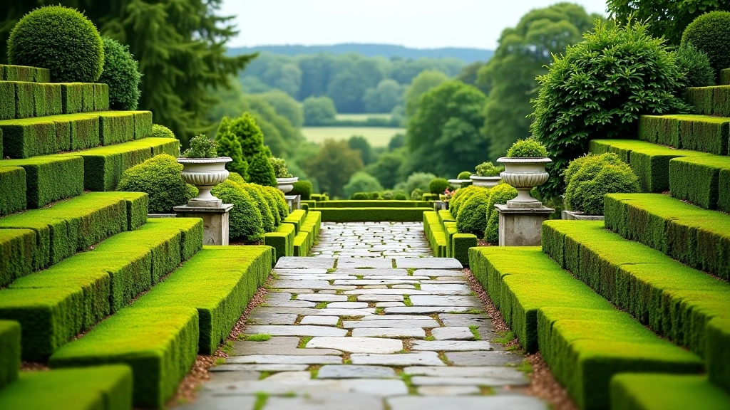 Victorian garden terrace with stone steps, multiple level platforms, and planted borders creating layered garden rooms