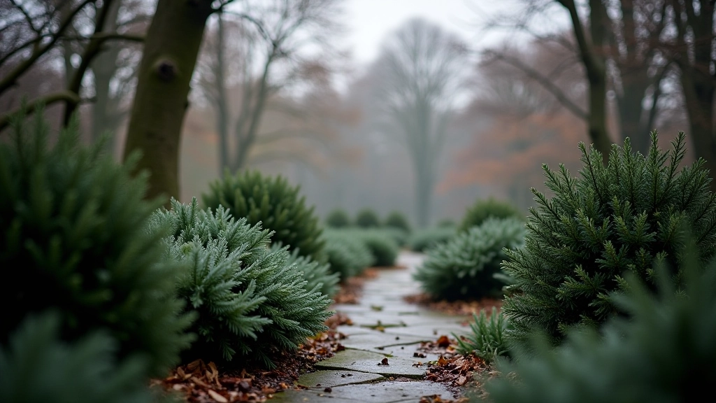 Winter garden structure revealed with bare trees, evergreen shrubs, and frost-covered elements under soft winter light