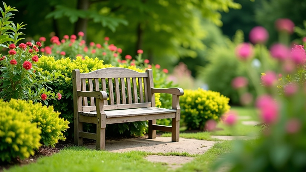Wooden garden bench in quiet corner surrounded by flowering plants