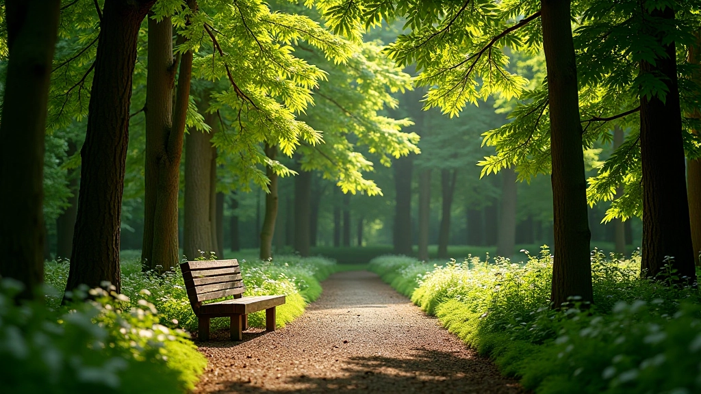 Peaceful woodland clearing with comfortable bench surrounded by native trees and natural ground cover