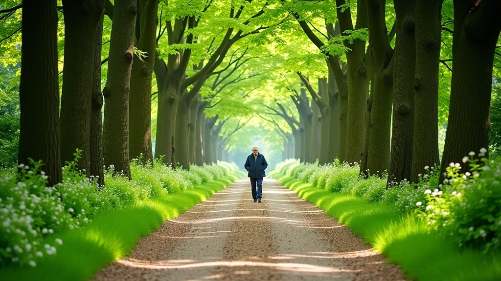 Well-maintained woodland path winding through tall trees with dappled light and green undergrowth